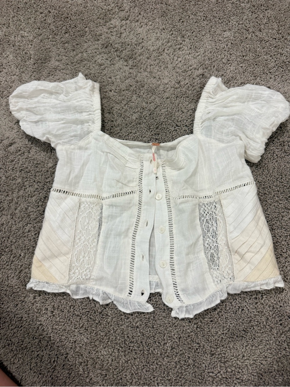 ✨Free People White Lace-Panel Puff Sleeve Women’s Top sz S